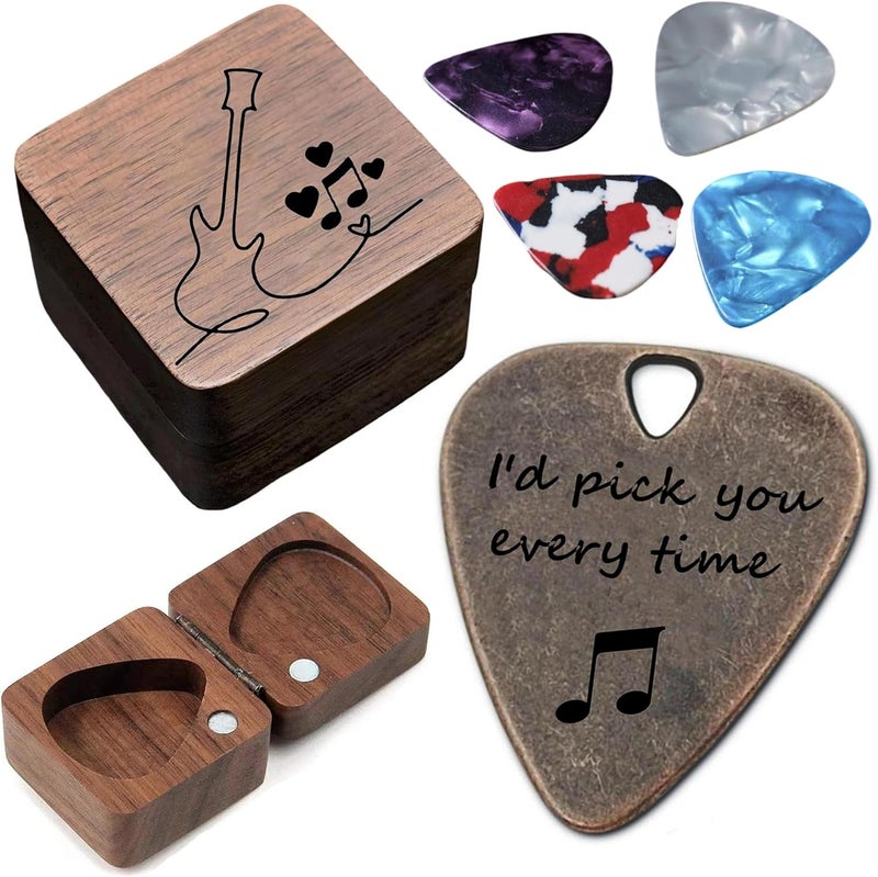 JUPPE Birthday Gifts For HIm or Her, Bronze I'd Pick You Every Time Guitar Pick With Wood Gift Box Music Gifts For Men Women Boy Girl (Wood Box Set) - Image 1
