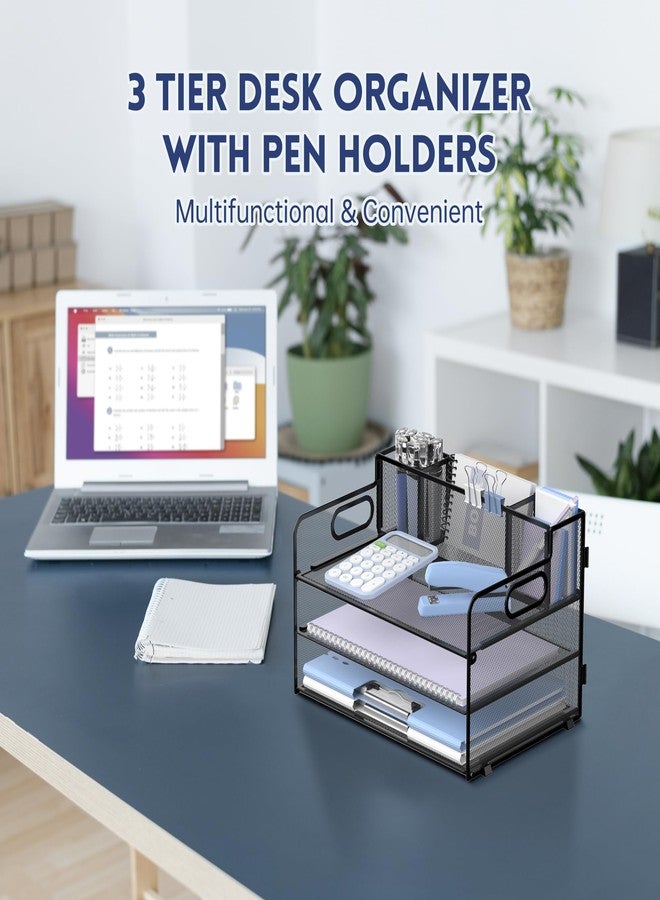 SUPEASY 3 Tier Desk Organizer with Handle & 3 Pen Holders, Mesh Paper/File Organizer for Desk, Paper Letter Tray Organizer for Office Supplies (Black) - Image 2