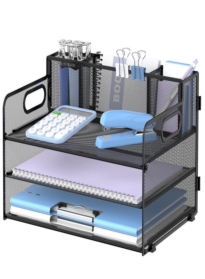 SUPEASY 3 Tier Desk Organizer with Handle & 3 Pen Holders, Mesh Paper/File Organizer for Desk, Paper Letter Tray Organizer for Office Supplies (Black) - Image 1