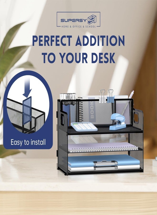 SUPEASY 3 Tier Desk Organizer with Handle & 3 Pen Holders, Mesh Paper/File Organizer for Desk, Paper Letter Tray Organizer for Office Supplies (Black) - Image 4