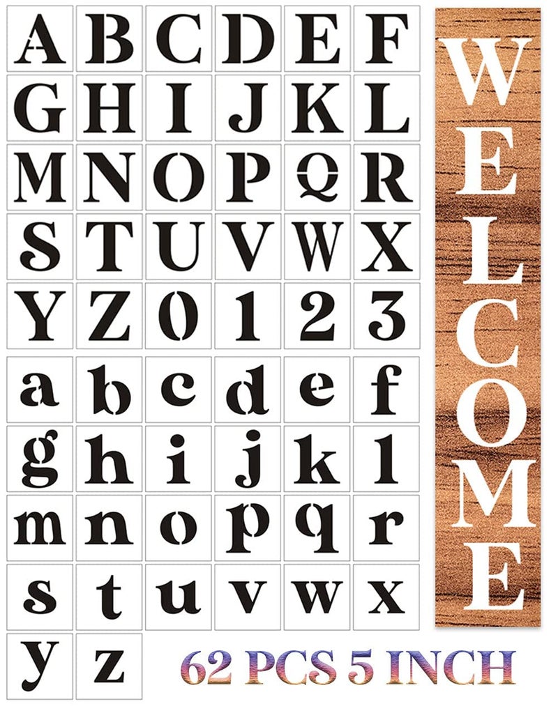 DEQUERA Dequera 5 inch Letter Stencils 62pcs Stencils Letter Alphabet Stencil Number Stencils for Painting On Wood Wall Porch Fabric DIY Crafts