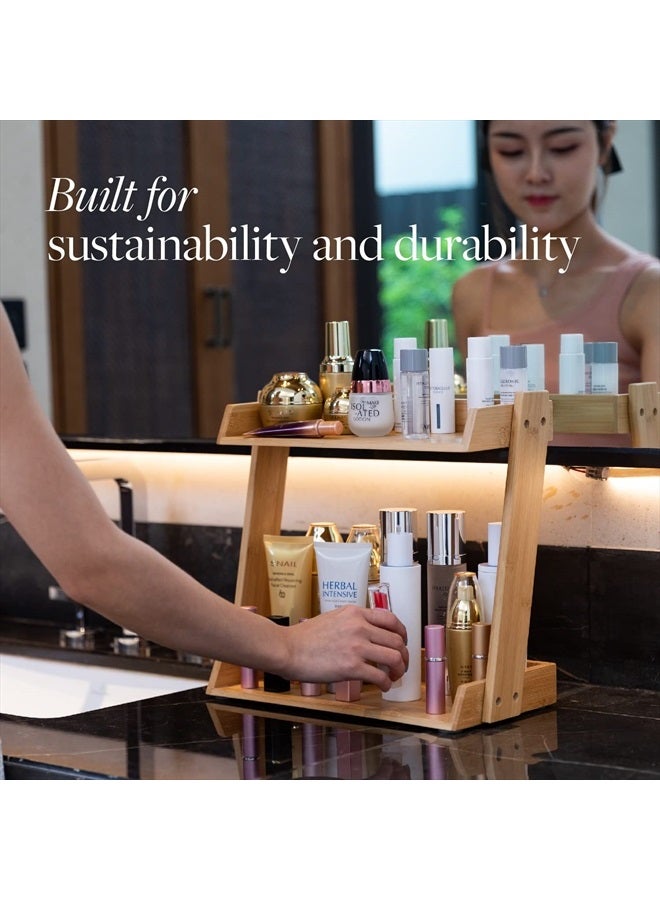 GOBAM Bamboo Makeup & Countertop Organizer, Small - 2 Layer Cosmetics, Lipsticks, Jewelry, Brushes, Hair Accessories & Perfume Organizer for Dresser, Easy Assembly - Natural - Image 3