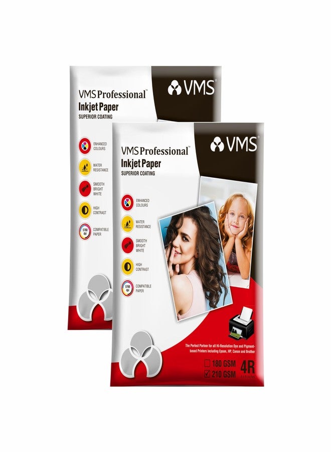 ورق صور لامع VMS Professional 210 GSM 4R (4x6) - مقاوم للماء، عبوة من 2 × 100 ورقة، متوافق مع جميع طابعات نفث الحبر - Image 1