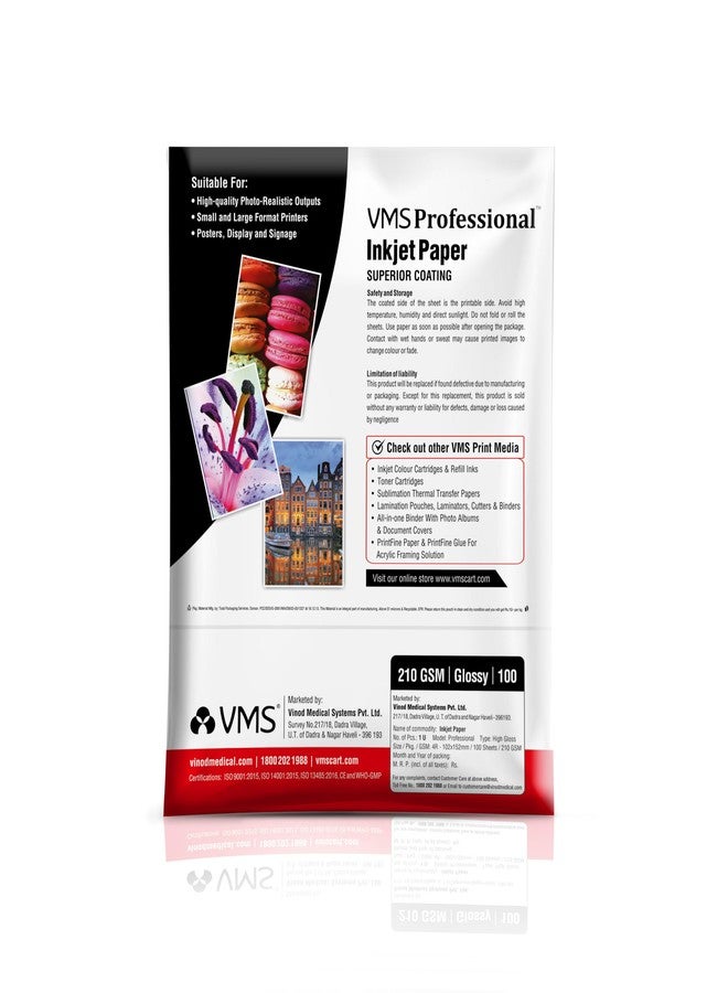 ورق صور لامع VMS Professional 210 GSM 4R (4x6) - مقاوم للماء، عبوة من 2 × 100 ورقة، متوافق مع جميع طابعات نفث الحبر - Image 2
