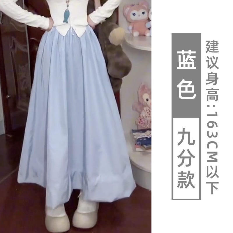White Flower Bud Skirt Womens Summer Thin Ice Silk Cloud Skirt Mid-length High Waist Slimming A- line Puffy Skirt Blue [nine points] 