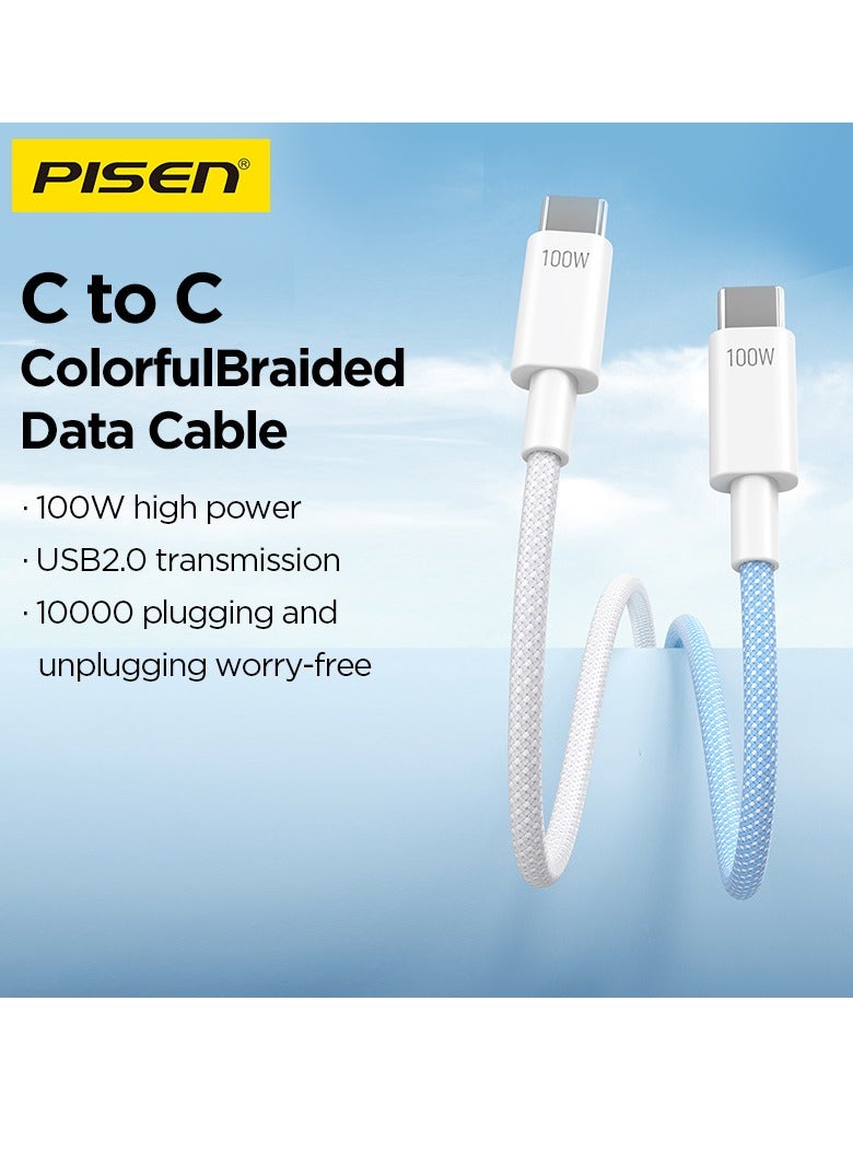 بايزن Pisen USB C to USB C Cable,100W 2-Pack [3.3ft+3.3ft] Fast Charging PD 3A Braided Type C Data Cord for iPhone 16/16 Plus/16 Pro/16 Pro Max/15, MacBook, iPad, Samsung S25/S24/S23/S22 Ultra - Blue - Image 2
