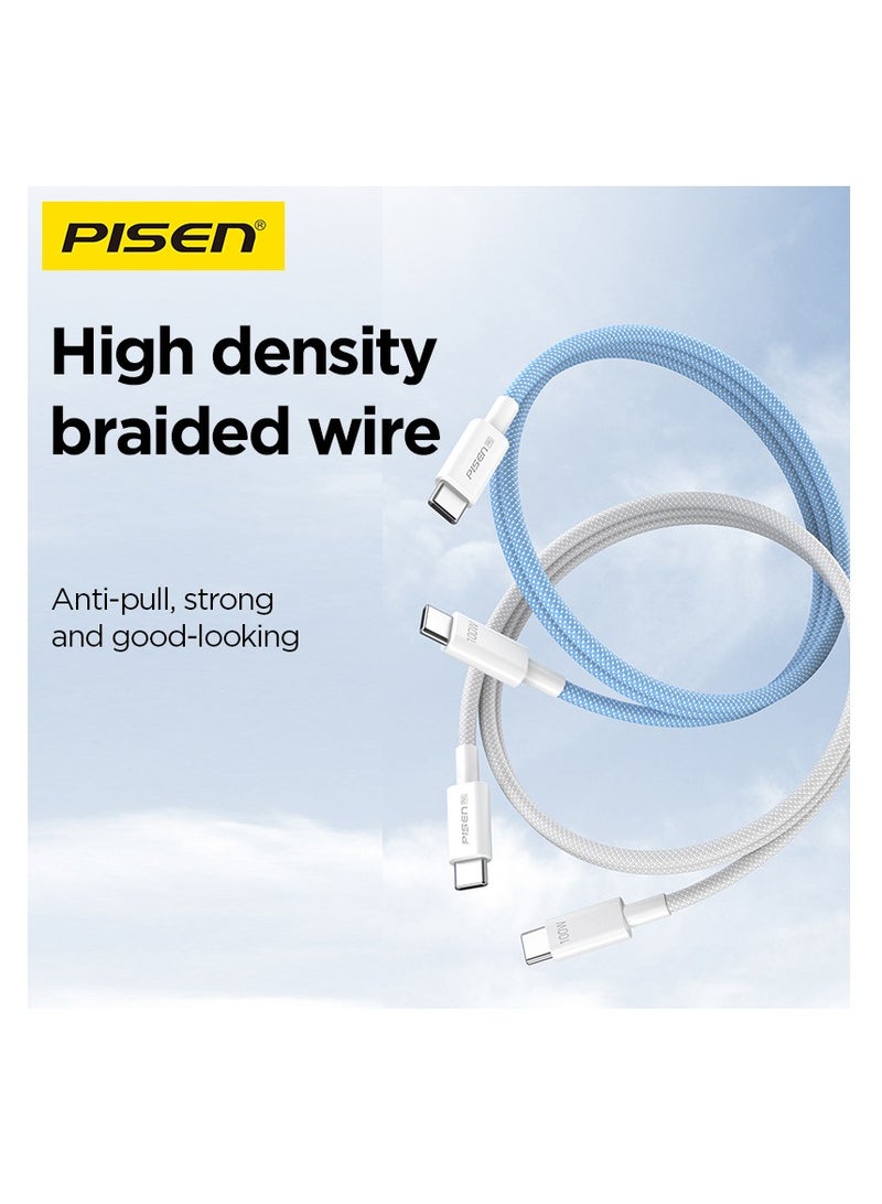 بايزن Pisen USB C to USB C Cable,100W 2-Pack [3.3ft+3.3ft] Fast Charging PD 3A Braided Type C Data Cord for iPhone 16/16 Plus/16 Pro/16 Pro Max/15, MacBook, iPad, Samsung S25/S24/S23/S22 Ultra - Blue - Image 4