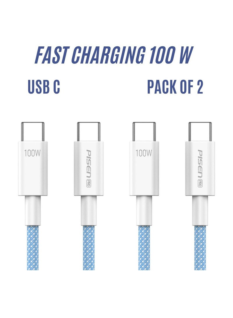 بايزن Pisen USB C to USB C Cable,100W 2-Pack [3.3ft+3.3ft] Fast Charging PD 3A Braided Type C Data Cord for iPhone 16/16 Plus/16 Pro/16 Pro Max/15, MacBook, iPad, Samsung S25/S24/S23/S22 Ultra - Blue - Image 1
