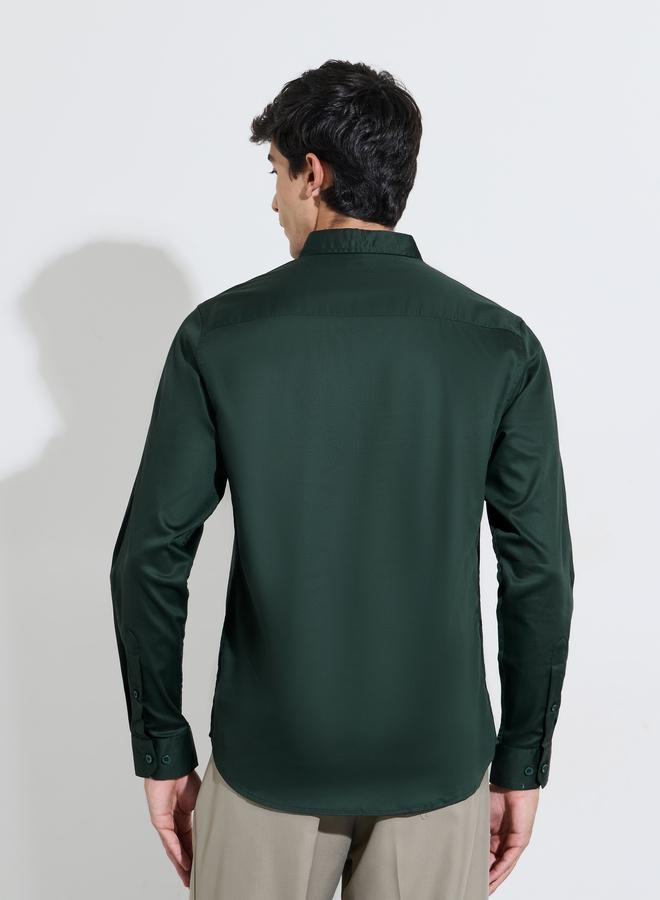 Styli Dark Green Solid Long Sleeves Satin Slim Fit Shirt - Image 4