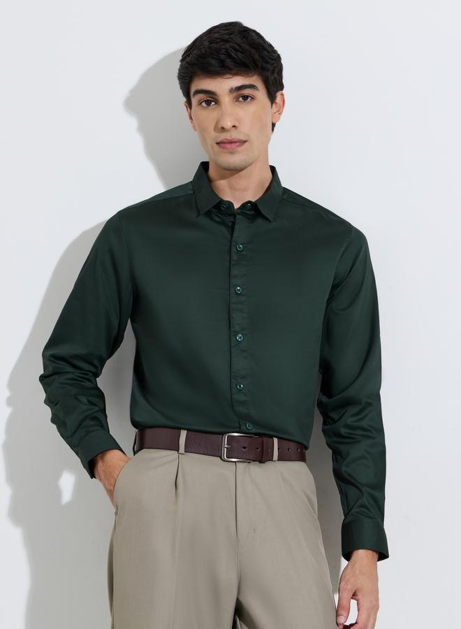 Styli Dark Green Solid Long Sleeves Satin Slim Fit Shirt - Image 1