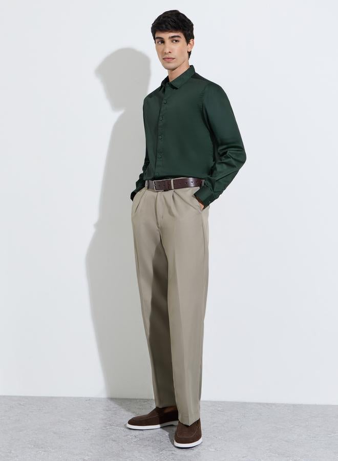 Styli Dark Green Solid Long Sleeves Satin Slim Fit Shirt - Image 2