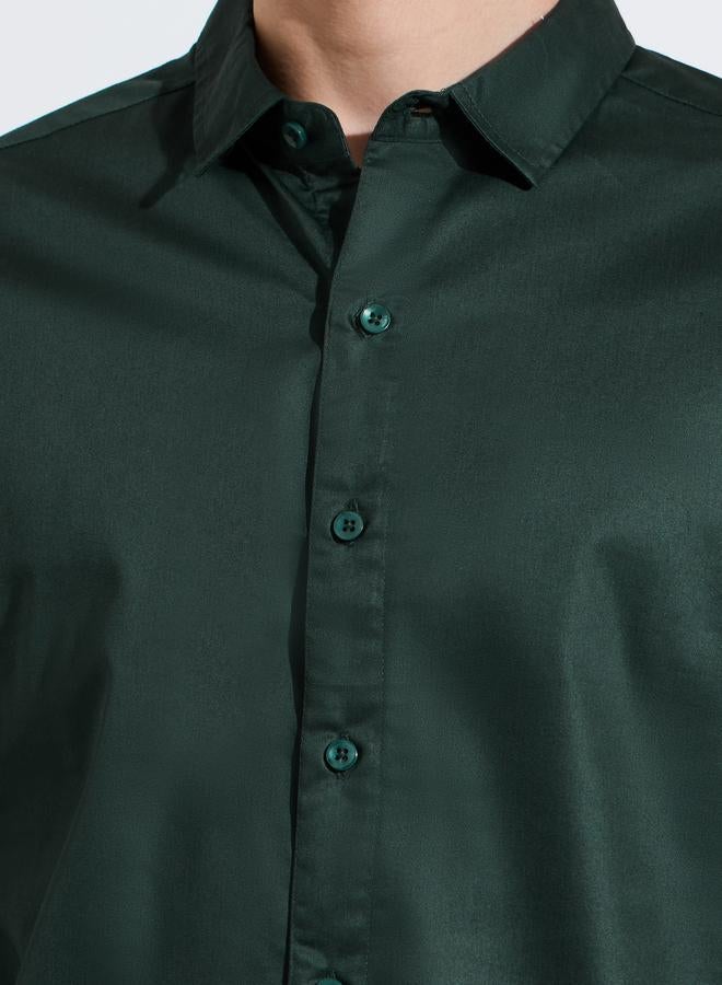 Styli Dark Green Solid Long Sleeves Satin Slim Fit Shirt - Image 3