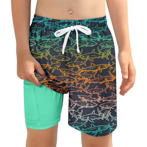 ZenGents Shark Swim Trunks Boys Size 12 14 16 Youth Boy Bathing Suit with Compression Liner Teen Kids Hawaiian Swimsuit Board Short Swimwear - Image 1
