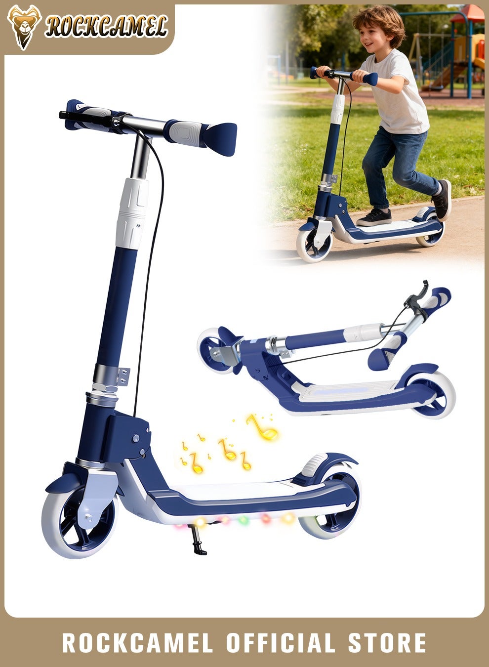 2-Wheel Kick Scooter, Foldable Lightweight Scooter with Music, LED Lighted Wheels and 5-Level Adjustable Height Handlebars, Dual Braking System, Push Scooter for kids 5-18 Years, Up to 100kg