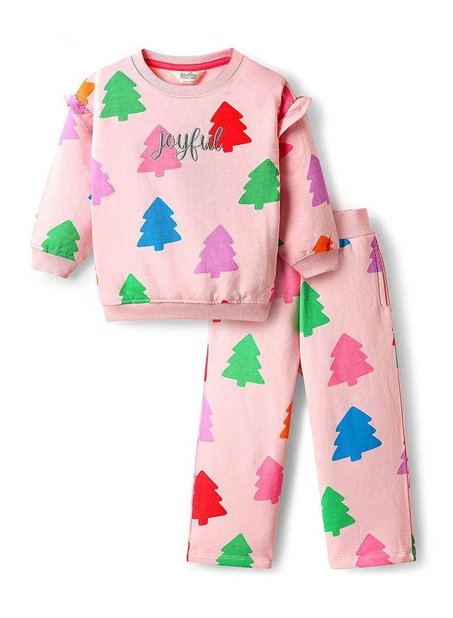 Bonfino Bonfino Knit Full Sleeves Oversized Sweatshirt & Wide Leg Leggings Co-Ord Set With Tree Print - Pink
