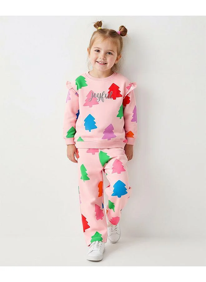 Bonfino Bonfino Knit Full Sleeves Oversized Sweatshirt & Wide Leg Leggings Co-Ord Set With Tree Print - Pink