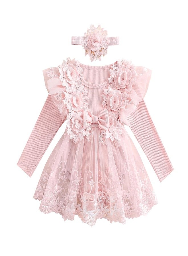 Douhoow Baby Girl Romper Dress Embroidery Lace Flowers Baby Dress Romper Fall Winter Festival Clothes with Headband (Pink A, 0-3 Months) - Image 1