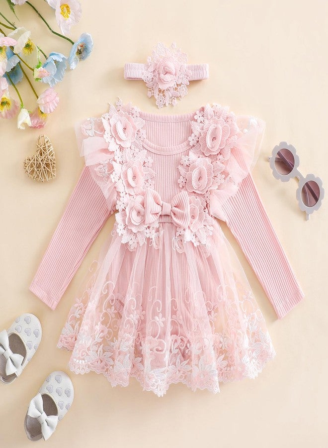 Douhoow Baby Girl Romper Dress Embroidery Lace Flowers Baby Dress Romper Fall Winter Festival Clothes with Headband (Pink A, 0-3 Months) - Image 2