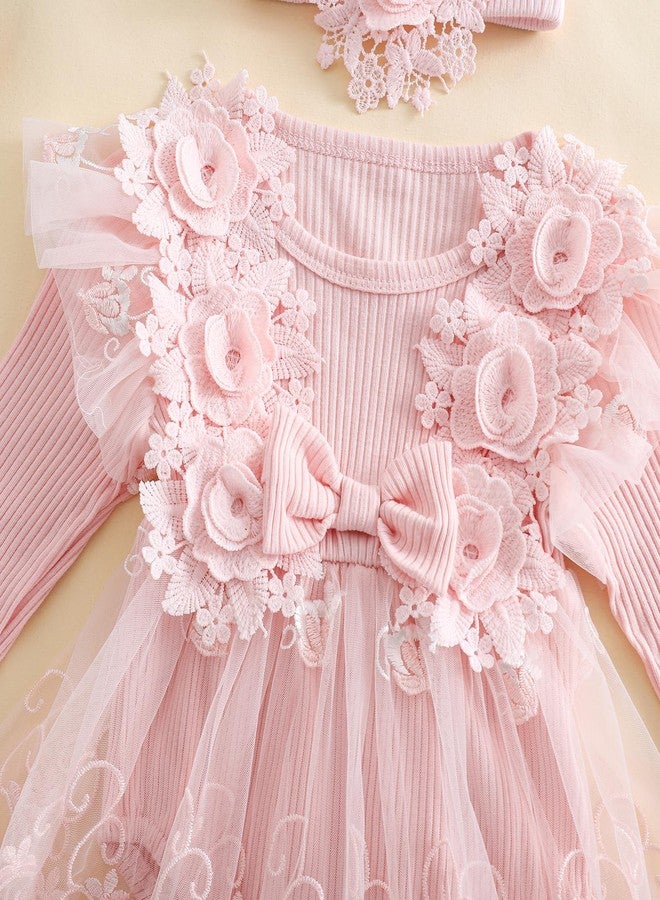 Douhoow Baby Girl Romper Dress Embroidery Lace Flowers Baby Dress Romper Fall Winter Festival Clothes with Headband (Pink A, 0-3 Months) - Image 4