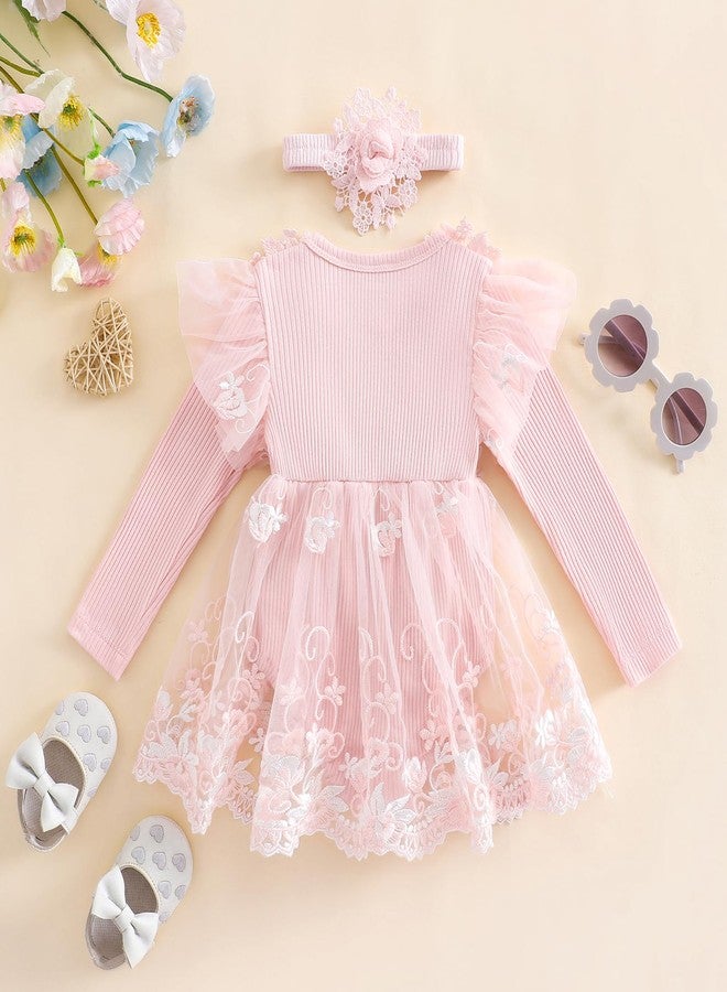 Douhoow Baby Girl Romper Dress Embroidery Lace Flowers Baby Dress Romper Fall Winter Festival Clothes with Headband (Pink A, 0-3 Months) - Image 3