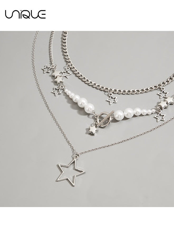 يونيك سلسلة ثلاثية الطبقات للنساء - طقم قلادات Y2K - سلسلة قلادة نجمة متعددة الطبقات - مجوهرات جمالية مع قلادة وطوق، هدية عيد ميلاد للنساء، الفتيات، الأخت - Image 4