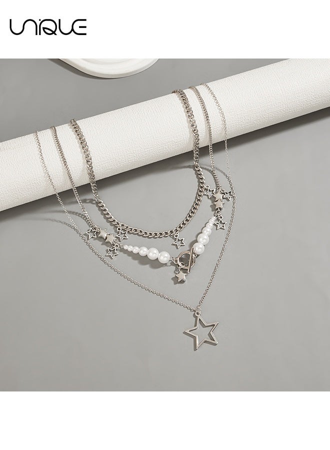 يونيك سلسلة ثلاثية الطبقات للنساء - طقم قلادات Y2K - سلسلة قلادة نجمة متعددة الطبقات - مجوهرات جمالية مع قلادة وطوق، هدية عيد ميلاد للنساء، الفتيات، الأخت - Image 3