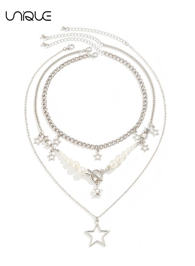 يونيك سلسلة ثلاثية الطبقات للنساء - طقم قلادات Y2K - سلسلة قلادة نجمة متعددة الطبقات - مجوهرات جمالية مع قلادة وطوق، هدية عيد ميلاد للنساء، الفتيات، الأخت - Image 1