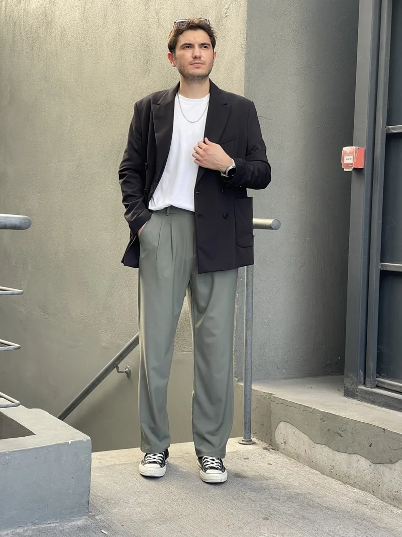 HYMAN Men's Pleated Baggy Pattern Fabric Trousers
