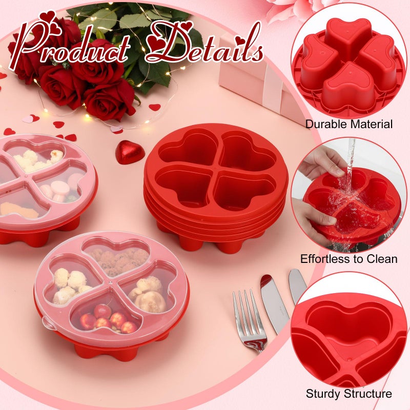 FoldTier 6 Pcs 6.8 Inch Valentine's Day Mini Snack Box Divided Dessert Serving Tray Heart Red 4-compartment Snack Container Box with Lids for Christmas Mother's Day Lunch Meal - Image 3