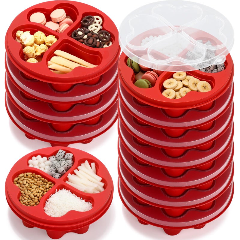 FoldTier 6 Pcs 6.8 Inch Valentine's Day Mini Snack Box Divided Dessert Serving Tray Heart Red 4-compartment Snack Container Box with Lids for Christmas Mother's Day Lunch Meal - Image 1