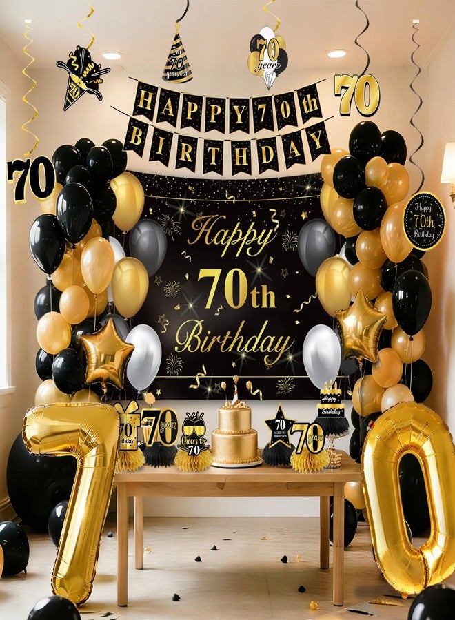 زينة عيد الميلاد السبعين للرجال والنساء من YTHETM، باللونين الأسود والذهبي، زينة "عيد ميلاد سعيد 70 عامًا"، لوازم حفلات عيد الميلاد 1955، لافتة، خلفية، بالونات، قطعة مركزية على شكل خلية نحل، مجموعة دوامات معلقة - Image 5