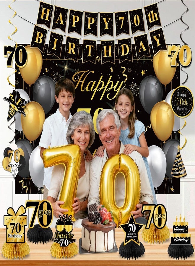 زينة عيد الميلاد السبعين للرجال والنساء من YTHETM، باللونين الأسود والذهبي، زينة "عيد ميلاد سعيد 70 عامًا"، لوازم حفلات عيد الميلاد 1955، لافتة، خلفية، بالونات، قطعة مركزية على شكل خلية نحل، مجموعة دوامات معلقة - Image 4