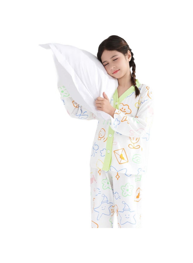 YUZHAOLIN Girls' Pajamas, Spring And Summer Children'S Home Wear Set, Long-Sleeve Cardigan, All-Season Air Conditioning Clothing, Pure Cotton, For Older Children - Image 2