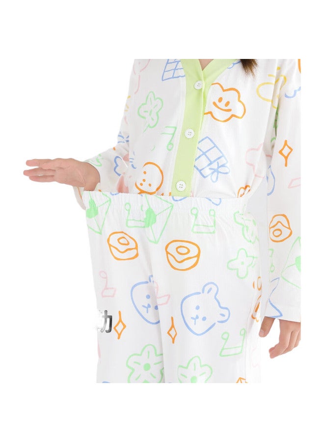 YUZHAOLIN Girls' Pajamas, Spring And Summer Children'S Home Wear Set, Long-Sleeve Cardigan, All-Season Air Conditioning Clothing, Pure Cotton, For Older Children - Image 3