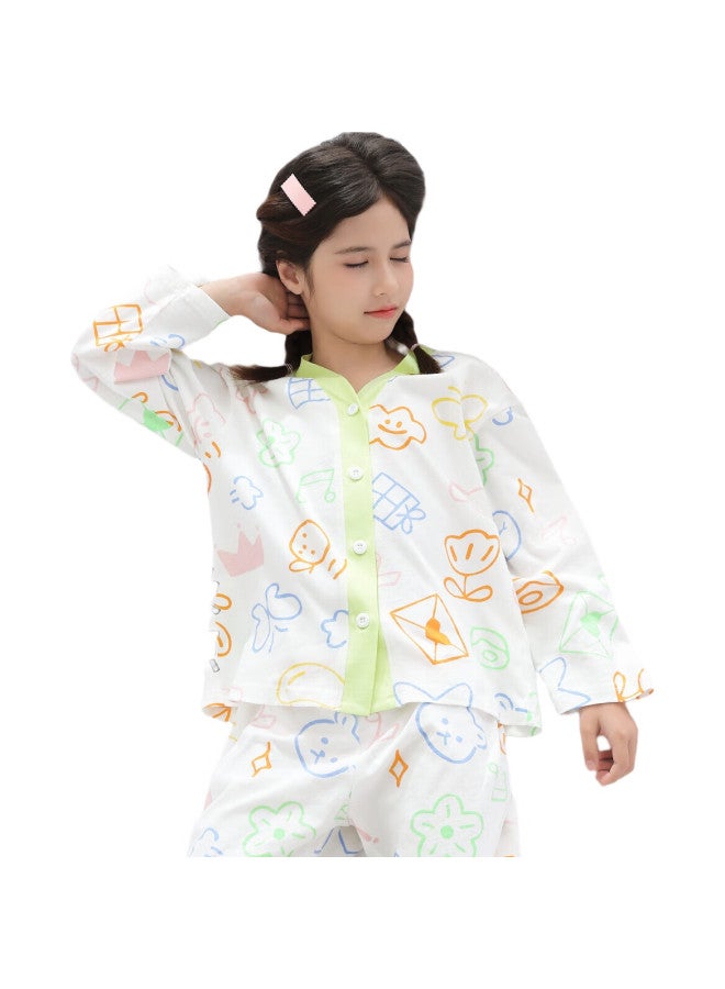 YUZHAOLIN Girls' Pajamas, Spring And Summer Children'S Home Wear Set, Long-Sleeve Cardigan, All-Season Air Conditioning Clothing, Pure Cotton, For Older Children - Image 1