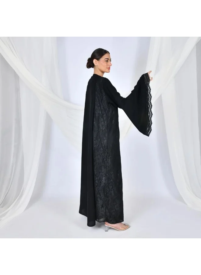 lamha abaya Elegant black wrap abaya with quarter-cloche sleeves and lace overlay