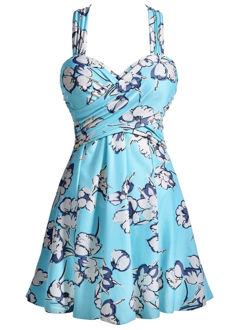 COCOPEAR print flower designer swimwear sport athletic one piece beach wear printed cover tummy bathing skirts for women,Medium Aquamarine Floral,X-Large / 10-12 - Image 1