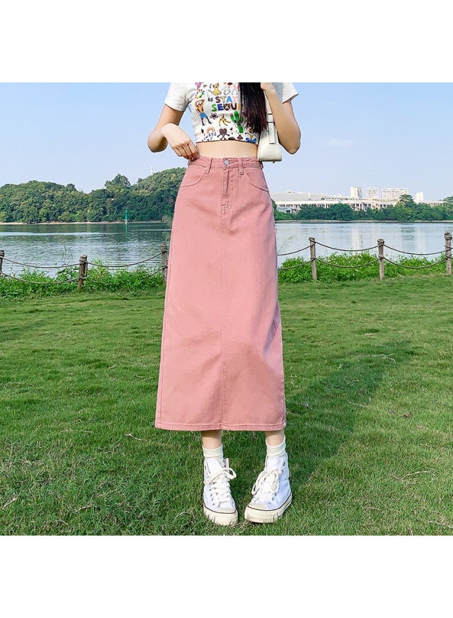 Pink Denim Skirt Women's Summer Thin New High Waist Slimming Split A- Line Skirt
