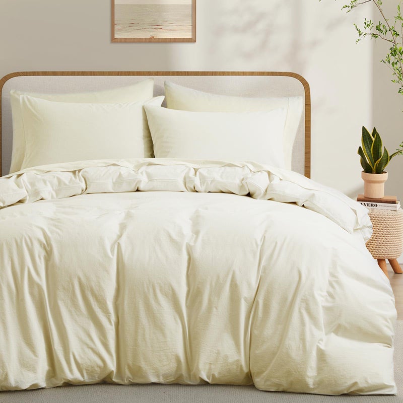 LOVQUE Cream White Cotton Duvet Cover Set, Linen-Like Natural Bedding Set with Zipper Closure (No Comforter), Twin Size, Duvet Cover (68"x90") x 1, Pillowsham(20"x26") x 1 - Image 1