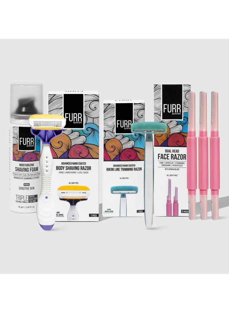 FURR Complete Grooming Pack for Women | Body, Bikini & Face Razor, and Shaving Foam Combo | 1. Body Shaving Razor with Vitamin E & Aloe Vera Pad, 2. Bikini Line Razor with safety blade, 3. Dual Head Face Razor with German Blades, 4. Moisturizing Shaving Foam for Sensitive Skin - Pack of 4 - Image 1