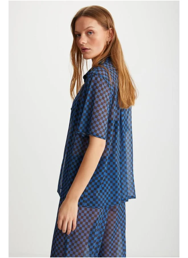 GRIMELANGE Grimelange Enora Women's Short Sleeve Chiffon Blue Shirt