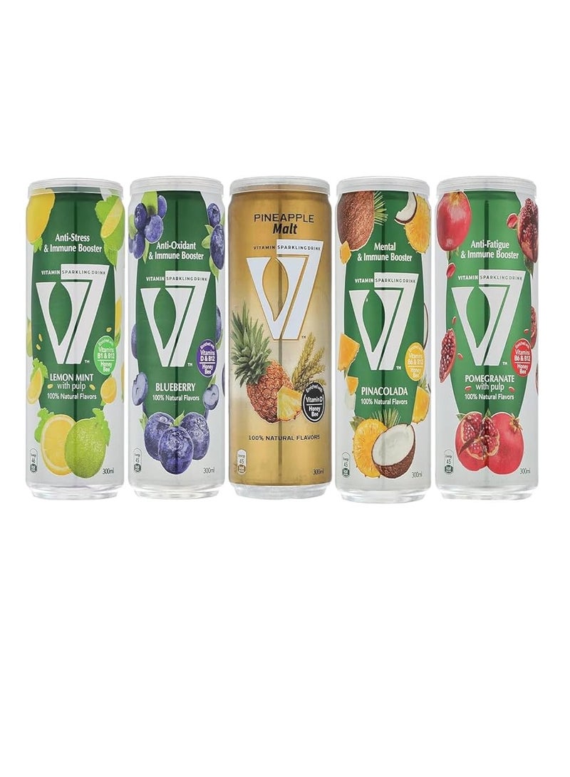 V7 V7 Vitamin Sparkling Drink Bundle 300ml (Lemon Min, blueberry, Pineapple, Pina Colada & Pomegranate) 