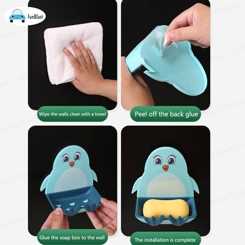 FunBlast حافظة صابون FunBlast للحمام – حامل صابون تصميم البطريق، مجموعة من 2 حامل صابون للحمام، ملصقات سحرية مثبتة على الحائط لحامل صابون (أزرق وردي) - Image 5