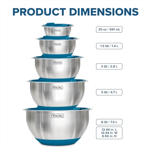 VIKING Mixing Bowls Set, 10 Piece Stainless Steel Kitchen Cookware, Non-Slip Silicone Base, Includes Tight Fit Lids, Dishwasher Safe, Blue - Image 5