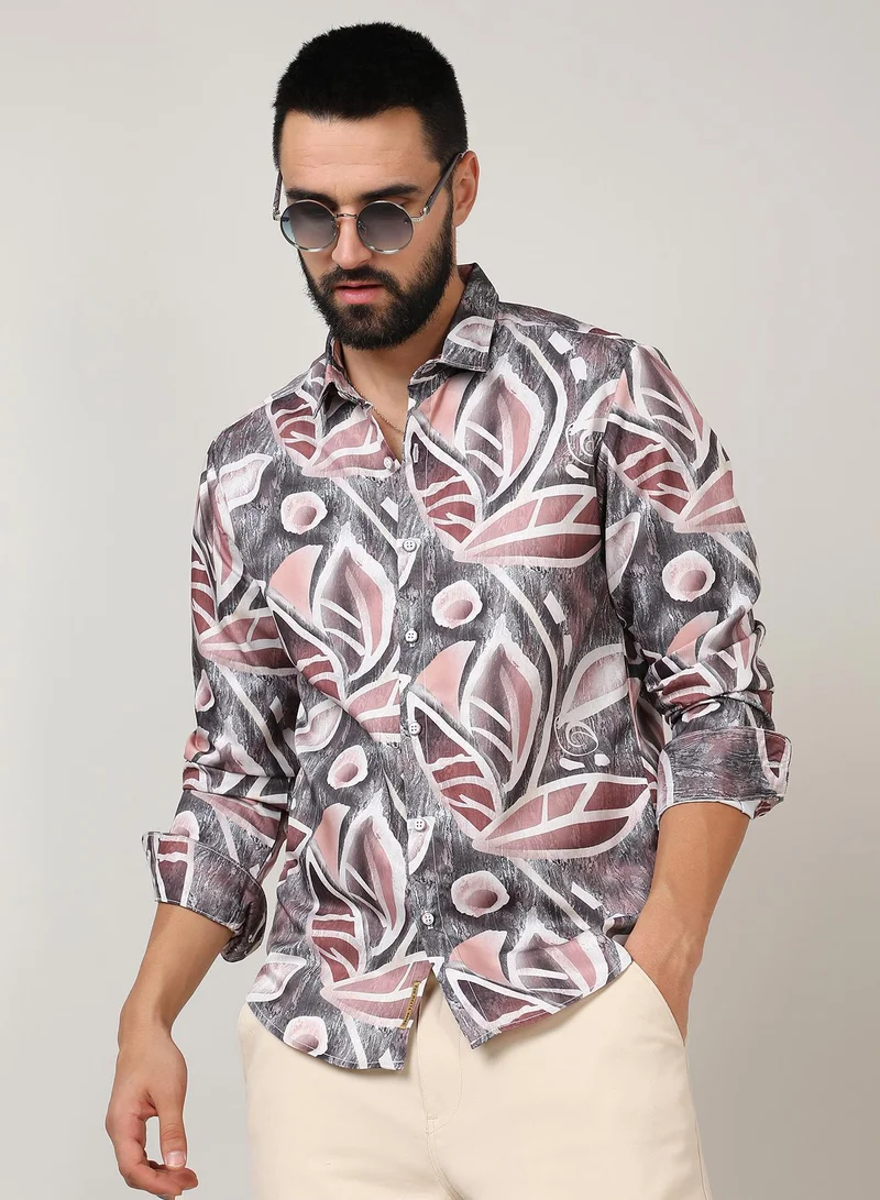 Campus Sutra Men's Charcoal Grey & Mocha Brown Marble Foliage Shirt