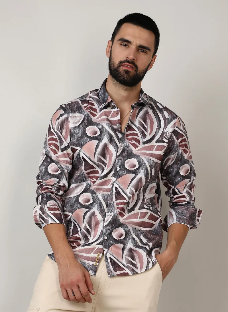 Campus Sutra Men's Charcoal Grey & Mocha Brown Marble Foliage Shirt