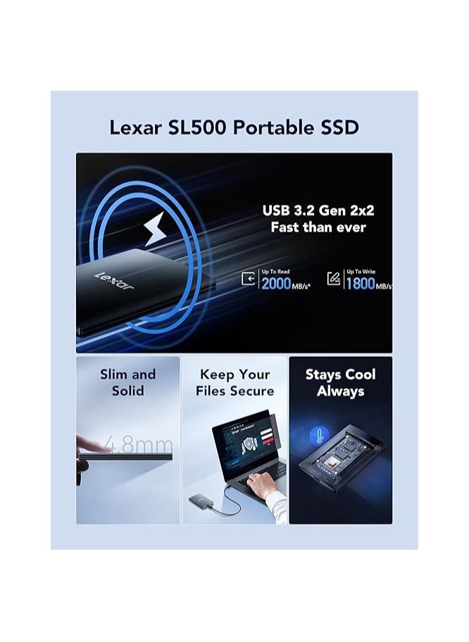Lexar - Lexar SL500 External SSD 2TB, USB3.2 Gen2x2 Portable SSD, PSSD up to 2000MB/s Read, 1800MB/s Write, External Solid State Drive Compatible with iPhone15 Series/Mac/PS5/XBOX/Laptop/PC(LSL500X002T-RNBNG) - Image 1