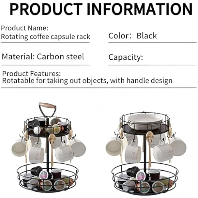rayihni 2 Tier Rotatable Metal Coffee Mug Rack Fruit Basket 360 Degree Rotating Coffee Pod Holder Stand Dispenser Double Layer Storage Rack Cup Holder Saucer Basket For Kitchenhome Office Black - Image 3