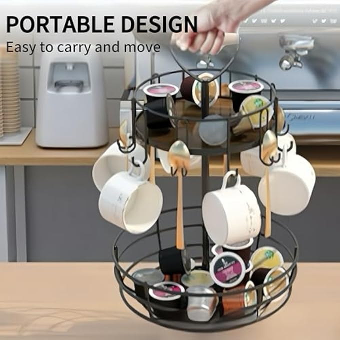 rayihni 2 Tier Rotatable Metal Coffee Mug Rack Fruit Basket 360 Degree Rotating Coffee Pod Holder Stand Dispenser Double Layer Storage Rack Cup Holder Saucer Basket For Kitchenhome Office Black - Image 5