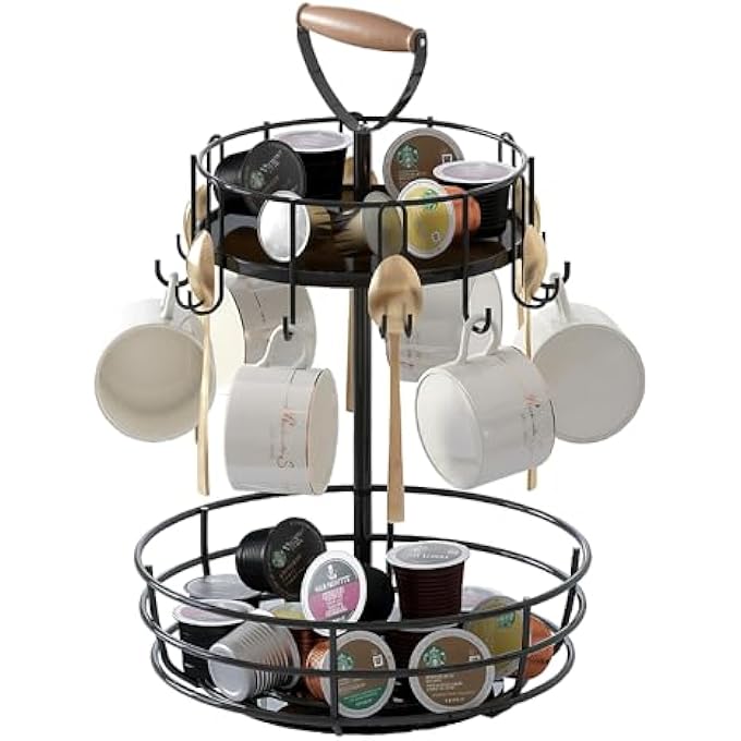 rayihni 2 Tier Rotatable Metal Coffee Mug Rack Fruit Basket 360 Degree Rotating Coffee Pod Holder Stand Dispenser Double Layer Storage Rack Cup Holder Saucer Basket For Kitchenhome Office Black - Image 1